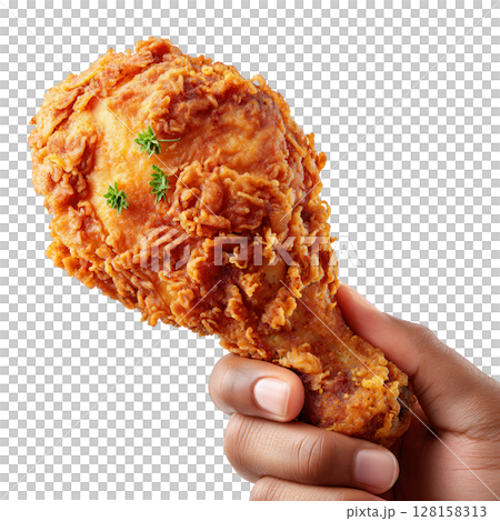 Crispy fried chicken drumstick held by hand with golden crunchy coating and fresh herb garnish, offering delicious and savory snack or meal option Crispy fried chicken drumstick held by hand with golden crunchy coating and fresh herb garnish, offering delicious and savory snack or meal option 128158313