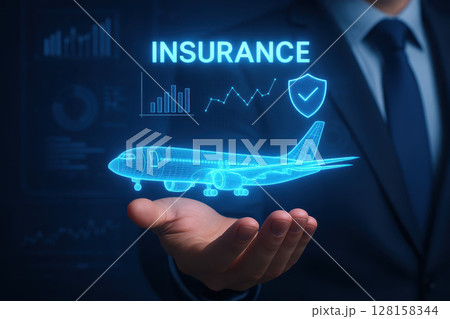 Airplane insurance concept with holographic aircraft and shield icon floating above hand showing protection and security in aviation industry with digital data charts 128158344