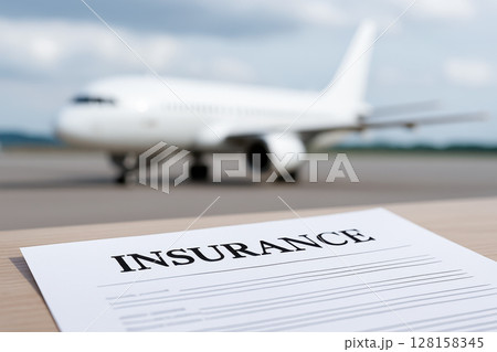 Airplane insurance document on wooden table with blurred airplane in background showing protection and safety for air travel and aviation risks in clear daylight 128158345