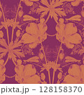Wild flowers seamless pattern on dark background pink on blue fuchsia silhouette vintage contour cutout figure outline a shadow 128158370