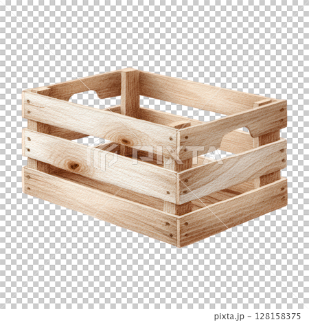Wooden crate with natural texture and watercolor effect showing rustic style and empty space for storage or display in simple and charming design Wooden crate with natural texture and watercolor effect showing rustic style and empty space for storage or display in simple and charming design 128158375