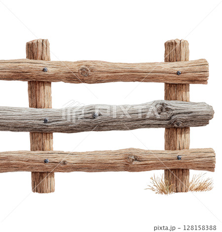 Wooden fence rustic natural wood texture with nails and dry grass watercolor painting art style illustration for countryside or farm decoration 128158388