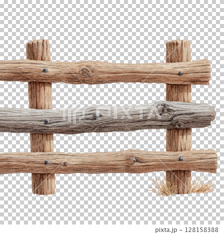Wooden fence rustic natural wood texture with nails and dry grass watercolor painting art style illustration for countryside or farm decoration 128158388