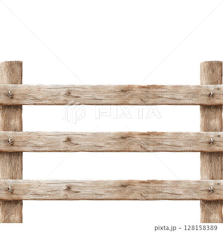 Wooden fence with horizontal planks and vertical posts showing natural texture and knots in rustic style watercolor effect creating warm and natural outdoor atmosphere 128158389
