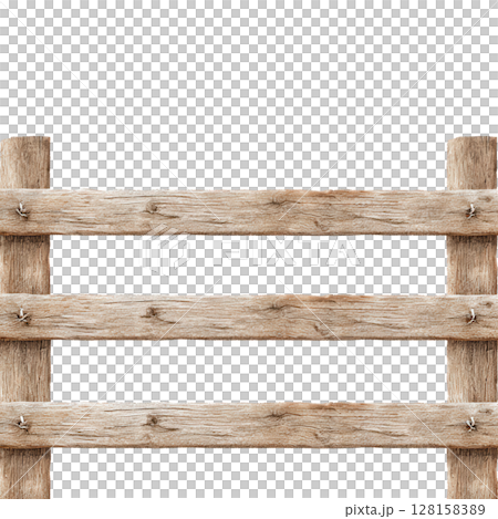 Wooden fence with horizontal planks and vertical posts showing natural texture and knots in rustic style watercolor effect creating warm and natural outdoor atmosphere 128158389