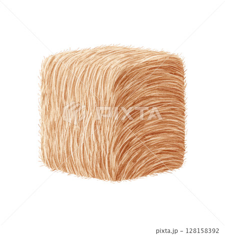 Watercolor hay bale with textured straw in soft brown tones creates rustic and natural feel perfect for farm or countryside themes 128158392
