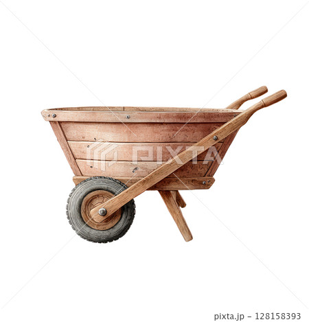 Wooden wheelbarrow with single rubber wheel and handles painted in watercolor style showing rustic texture and natural tones perfect for garden or farm work illustration 128158393