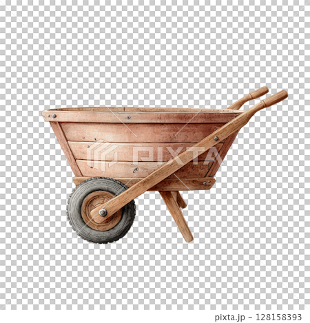 Wooden wheelbarrow with single rubber wheel and handles painted in watercolor style showing rustic texture and natural tones perfect for garden or farm work illustration 128158393