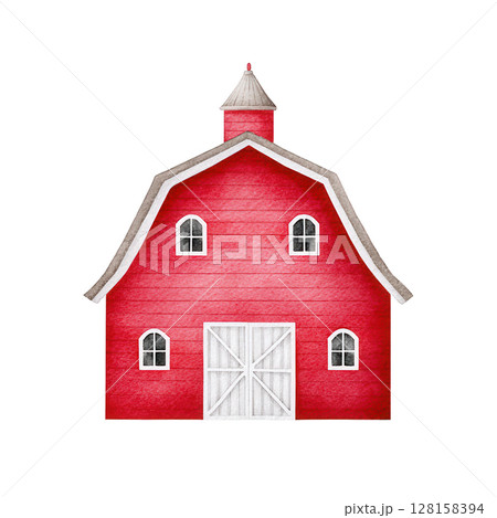Red barn with white door and windows painted in watercolor style showing rustic farm building with charming roof and cupola 128158394