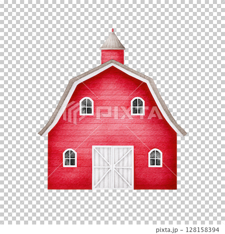 Red barn with white door and windows painted in watercolor style showing rustic farm building with charming roof and cupola 128158394
