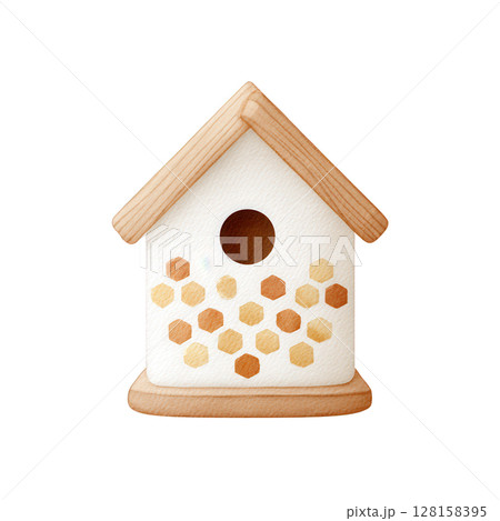 Wooden birdhouse with hexagon pattern in warm tones watercolor style illustration evokes cozy and natural feeling perfect for garden decoration or nature art 128158395