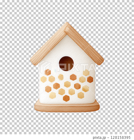 Wooden birdhouse with hexagon pattern in warm tones watercolor style illustration evokes cozy and natural feeling perfect for garden decoration or nature art 128158395