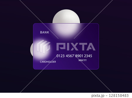 Sophisticated of a transparent glass morphism credit card with soft pearl-like spheres on a dark violet background for premium financial design. Sophisticated of a transparent glass morphism credit card with soft pearl-like spheres on a dark violet background for premium financial design. 128158483