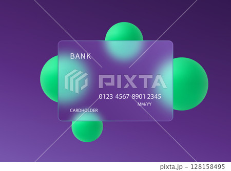 Bright vector illustration of transparent credit card with floating neon green spheres on dark purple gradient background. 128158495