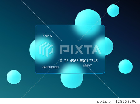 Credit card with glowing blue spheres, glass morphism style image 128158506