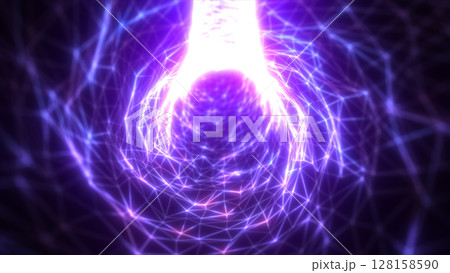 Purple glowing network tunnel with geometric lines and dynamic electric flow, abstract sci-fi background Purple glowing network tunnel with geometric lines and dynamic electric flow, abstract sci-fi background 128158590