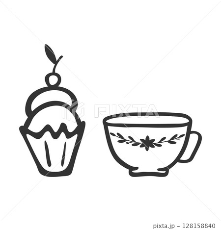 Tea or coffee cup, cupcake outline icon, Clip art set. Doodle hand drawn texture decorative stroke line, black ink sketch contour, cartoon flat design. Isolated elements. Vector illustration 128158840
