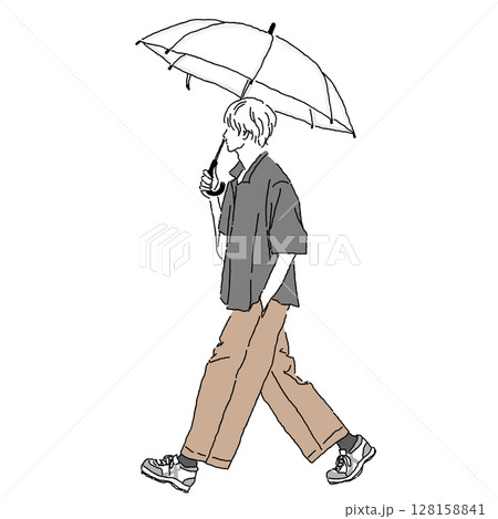 傘をさし歩く男性の線画イラスト 128158841