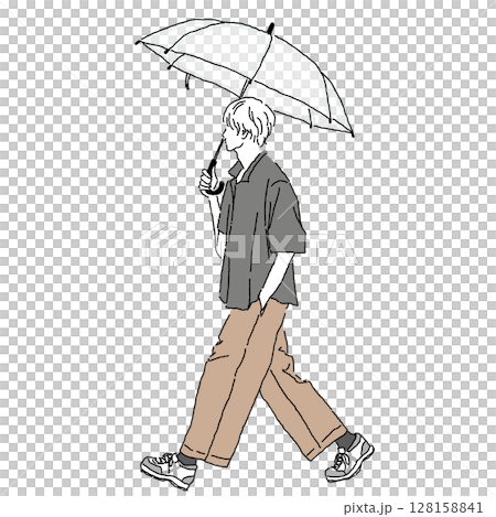 傘をさし歩く男性の線画イラスト 128158841