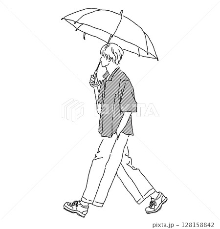 傘をさし歩く男性の線画イラスト 128158842