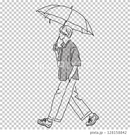一名男子撐著傘行走的線條畫插圖 一名男子撐著傘行走的線條畫插圖 128158842