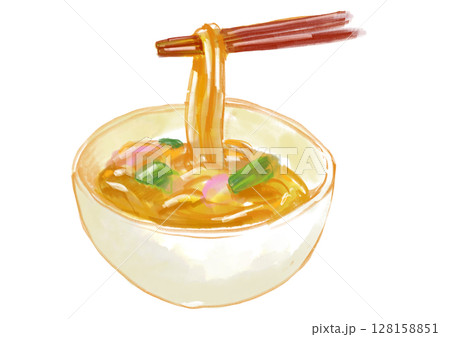 熱々で美味しそうなカレーうどんの手描き水彩イラスト 128158851