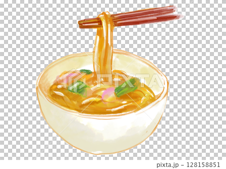 Hand-drawn watercolor illustration of hot and delicious curry udon 128158851
