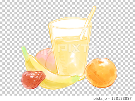 フルーツに囲まれた美味しそうなミックスジュースの手描き水彩イラスト フルーツに囲まれた美味しそうなミックスジュースの手描き水彩イラスト 128158857