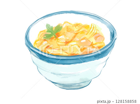 美味しそうな出来立て親子丼の手描き水彩イラスト 美味しそうな出来立て親子丼の手描き水彩イラスト 128158858