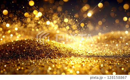 幻想的な金色の砂と光の粒が織りなす煌めき背景｜ラグジュアリー演出に最適 128158867