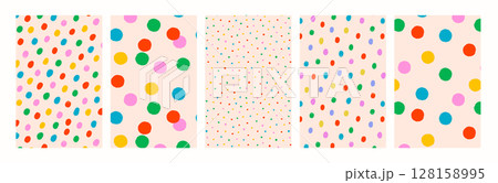 Colorful confetti dot seamless backgrounds. Seamless vector polka dot patterns for wrapping paper, kids room, fabric, stationery. Fun and simple art print. Drag to swatches panel to use 128158995