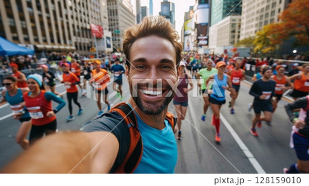 Young man marathon runner taking a selfie while running a marathon, capturing the vibrant atmosphere with a crowd of other runners and the big city skyline in the background, showcasing the excitement 128159010