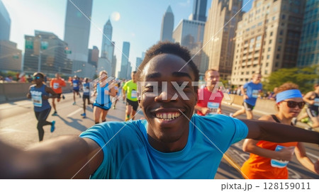 Young man marathon runner taking a selfie while running a marathon, capturing the vibrant atmosphere with a crowd of other runners and the big city skyline in the background, showcasing the excitement 128159011