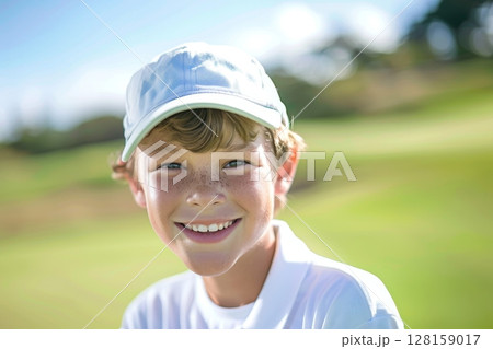 Happy caucasian boy at golfing training lesson, smiling at the camera on a sunny golf course, surrounded by lush green fairways and practicing his swing with enthusiasm, enjoying the sport and Happy caucasian boy at golfing training lesson, smiling at the camera on a sunny golf course, surrounded by lush green fairways and practicing his swing with enthusiasm, enjoying the sport and 128159017