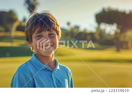 Young caucasian boy at a golfing training lesson, beaming with joy as he looks at the camera, standing on a beautiful golf course, embracing the excitement of learning to play golf amidst a Young caucasian boy at a golfing training lesson, beaming with joy as he looks at the camera, standing on a beautiful golf course, embracing the excitement of learning to play golf amidst a 128159019