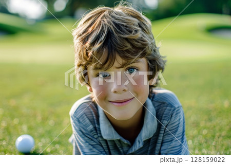 Caucasian boy at a golf training session, happily looking at the camera on a vibrant golf course, engaging in his lesson with eagerness, highlighting the fun and educational aspects of the sport for 128159022