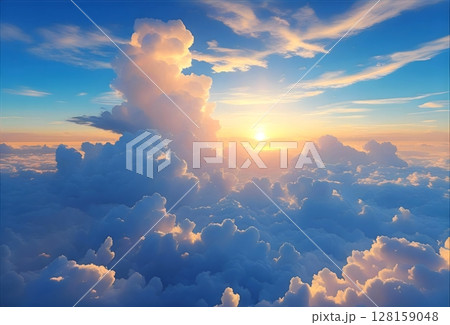 青空に雲海とまぶしい太陽の美しい風景 128159048
