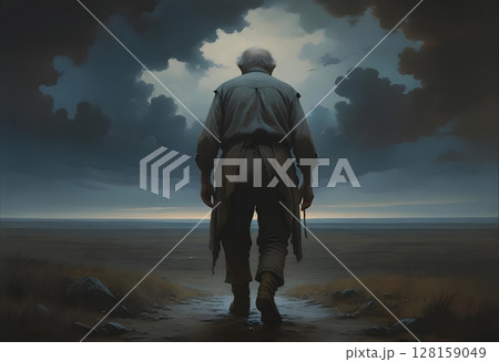 暗い世界に向かって進むくたびれた老人の後ろ姿のイラスト 128159049