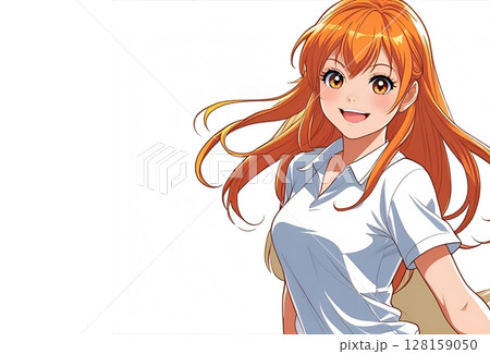 白背景に明るい笑顔の若い女の子のイラスト 128159050