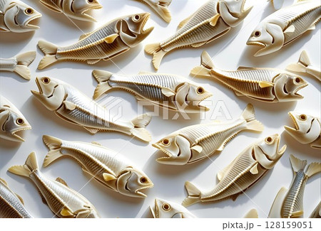 カルシウムをイメージした白い小魚型の3dグラフィック背景 128159051