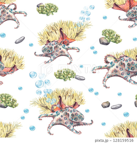 Seamless pattern with cute octopuses, corals and sea pebbles. Watercolor illustration of a large coral reef. Marine life. Ideal for baby products, ocean-themed fabrics, and packaging. 128159516