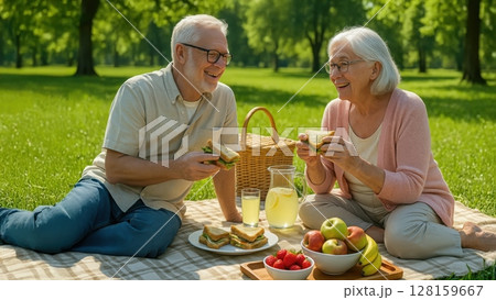 Smiling elderly man and woman enjoying picnic on green grass with sandwiches, fruit, and lemonade on sunny day. Relaxed outdoor moment. 128159667