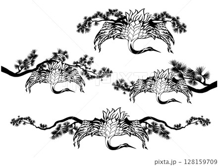 pine tree branches and japanese crane bird with spread wings black and white vector border design 128159709