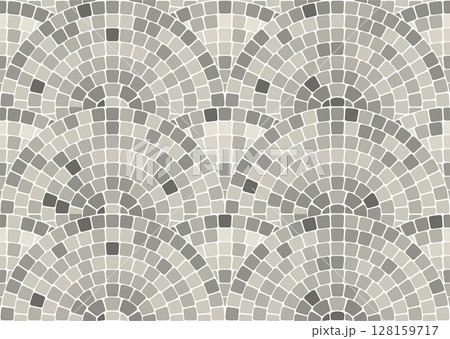 Seamless mosaic pattern with round waves in portuguese style, gray geometric decorative scales pavement, stone tiling with water ornament, vector 128159717