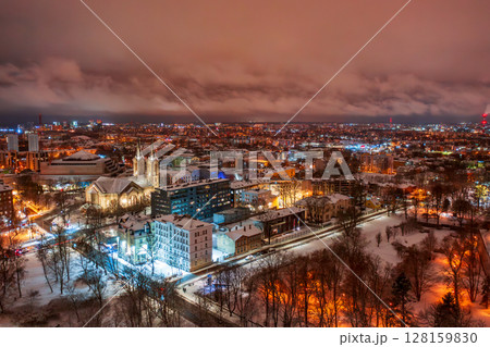 Aerial night View of Tallinn in winter, roofs are covered with snow, Christmas mood 128159830
