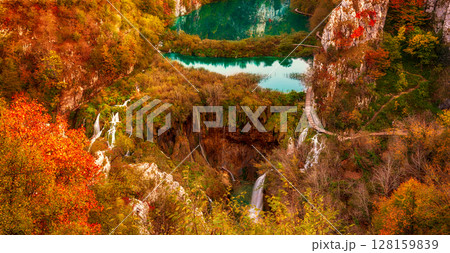 Autumn colors and waterfalls of Plitvice National Park in Croatia, seasonal colorful background Autumn colors and waterfalls of Plitvice National Park in Croatia, seasonal colorful background 128159839