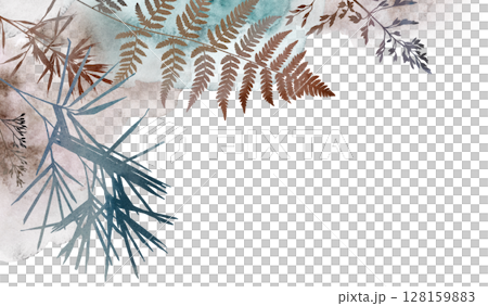 Watercolor boho autumn floral border with dried leaves in earthy tones, wedding illustration Watercolor boho autumn floral border with dried leaves in earthy tones, wedding illustration 128159883