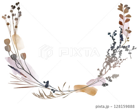 Watercolor boho autumn round floral wreath with dried leaves in earthy tones, wedding illustration Watercolor boho autumn round floral wreath with dried leaves in earthy tones, wedding illustration 128159888