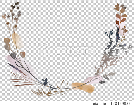 Watercolor boho autumn round floral wreath with dried leaves in earthy tones, wedding illustration Watercolor boho autumn round floral wreath with dried leaves in earthy tones, wedding illustration 128159888