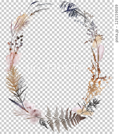 Watercolor boho autumn oval floral frame with dried leaves in earthy tones, wedding illustration Watercolor boho autumn oval floral frame with dried leaves in earthy tones, wedding illustration 128159889